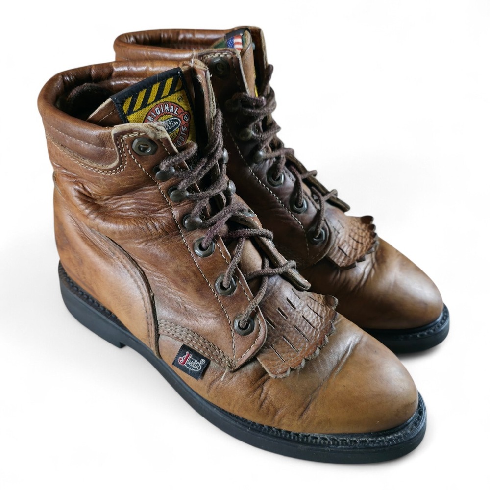 Justin Kiltie Work Boots Womens 7.5 C Brown Leather Lace-Up Slip Resist USA Made